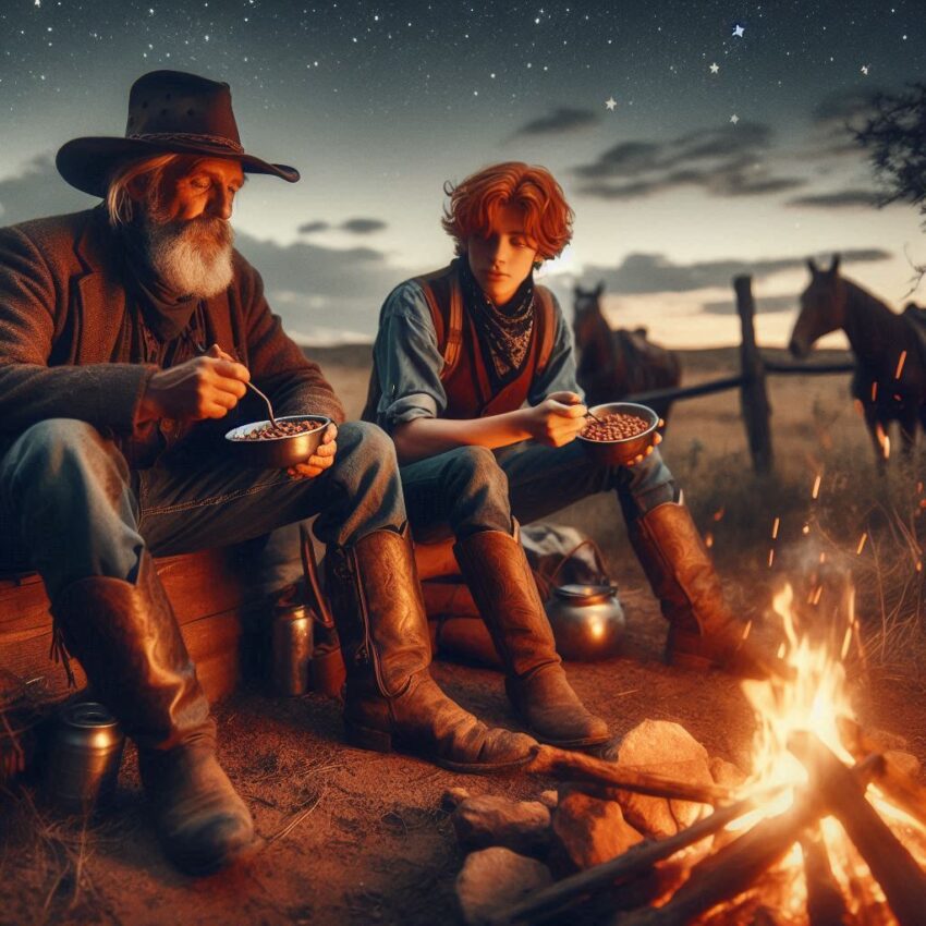 Cad and the Kid - cowboys by the campfire